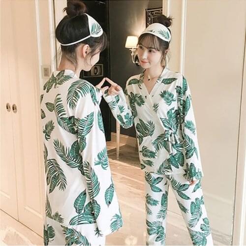 3pcs Womens Pajamas Kimono Sets Bathrobe Autumn Winter Long-Sleeved Cute Sleepwear Home Clothes Suits Loose Outside Pijama