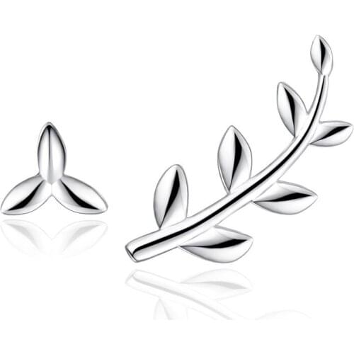 100% 925 sterling silver fashion asymmetric leaf stud earrings for women wholesale jewelry birthday gift drop shipping cheap