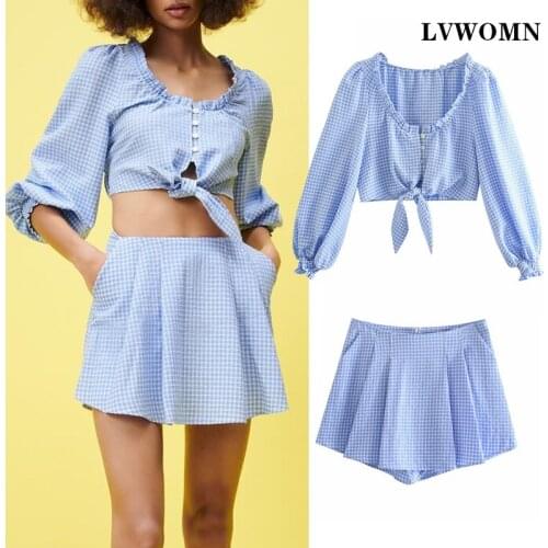 LVWOMN Za Two Piece Set Women Summer Blue Plaid Cropped Blouses Top + Hight Waist Casual Shorts Skirts Set Chic Women Clothes