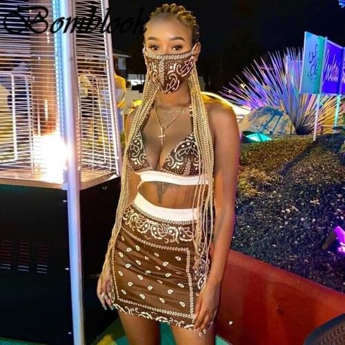 Bomblook Sexy Party Club Womens Suit Summer 2021 Printed Bikini Patchwork Slim Skirts 2 Piece Set Vetement Femme Outfits
