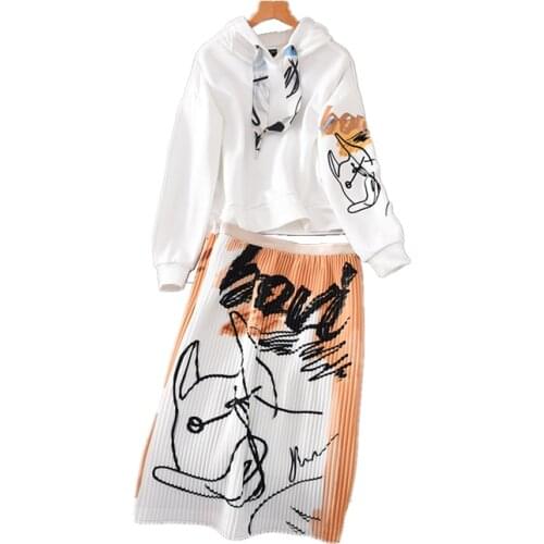 Top quality 2 piece set women Graffiti printing white pullover sweatshirt and midi skirt suit casual outfit
