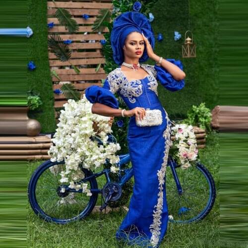 Aso Ebi Royal Blue Beads Mermaid Prom Dresses With Lace Appliques Sexy Back Mermaid Back Split Evening Dress Half Sleeves Gown