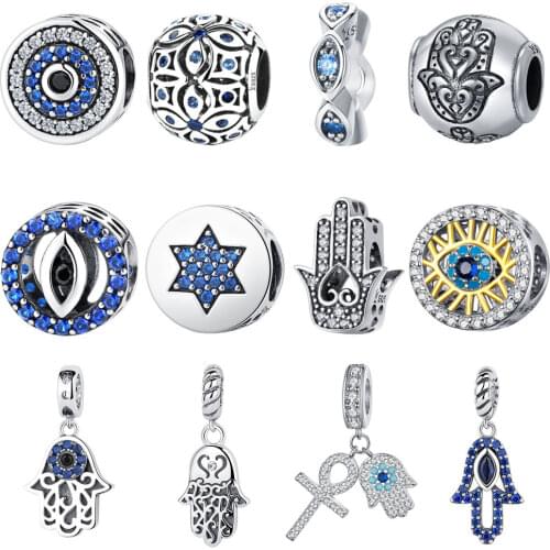 BISAER 925 Sterling Silver Blue Crystals Eyes Round Bead Fatima Hamsa Hand Charms Fit Charm Silver 925 Original Bracelet Jewelry