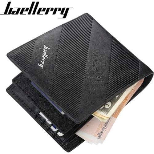 Baellerry Wallet Solid Short Men Wallet PU Leather No Zipper Clip Folded Handbag Photo Holder Card Holder Striped Wallet
