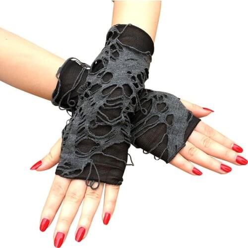 Black Ripped Holes Fingerless Gloves Gothic Punk Halloween Cosplay Party Dress Up Accessories Shabby-Style Arm Warm Cuff