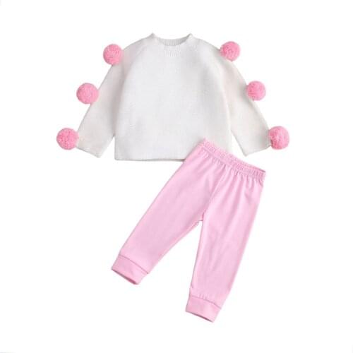 Children 2Pcs Outfit Set Baby Shoulder Ball Sweater Crew Neck Long Sleeve Pullover Side Stripe Pants for Girls 1-6T