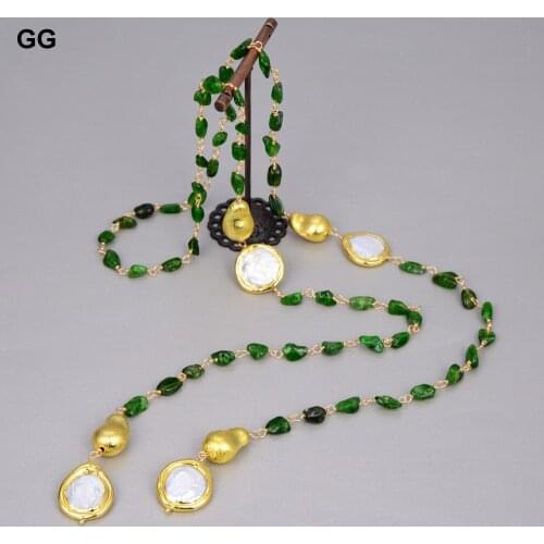 GG Jewelry Natural Green Diopsides Cultured White Coin Pearl Long sweater chain Necklace 41" For Women