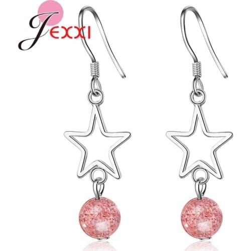 Hot Sale 925 Sterling Silver Drop Earrings For Women Hollow Pentagram Pink Round Crystal Engagement Anniversary Gift Jewelry