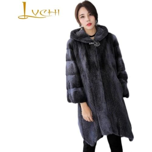 LVCHI Winter 2019 Import Swan Velvet Nine Quarter Office Lady Real Mink Fur Coat Womens With Fur Hood X-Long Pocket Mink Coats