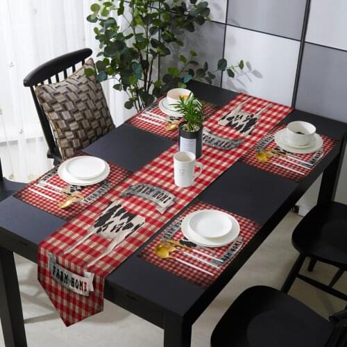 Plaid Cow Retro Farm Table Runner Placemats Set Country Wedding Table Art Decoration for Kitchen Home Dining Holiday