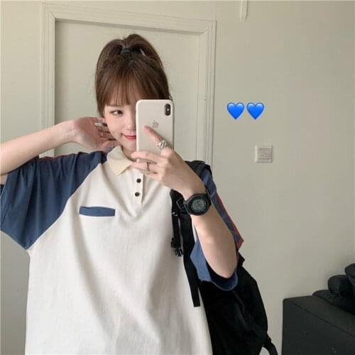 Korean Preppy Colorblock Girls' Polo Shirt Harajuku Clothes Tops Kawaii Aesthetic Gothic Clothes Short Sleeve T-Shirt y2k 2021