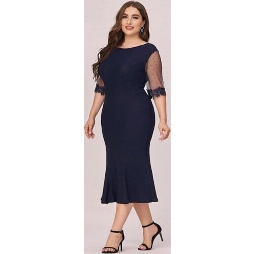 Lace Embroidery Half Sleeve Evening Dress Elegant O-Neck Empire Pleat A-Line Simple Tea-Length Plus Size Women Formal Gowns D942