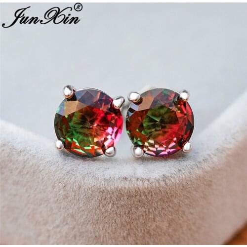 Mystic Rainbow Fire Crystal Round Stone Earrings For Women White Gold Rose Gold Colorful Zircon Ear Stud Earring Wedding Jewelry