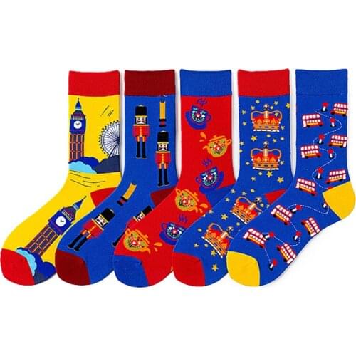 Happy Mens Socks Double-decker Bus Guard Crown Big Ben Ferris Wheel Teapot Funny Socks Combed Cotton Calcetines Largos Hombre