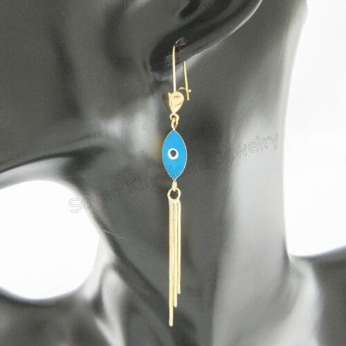 NEW YELLOW GOLD GP OVERLAY FILL BRASS BLUE ENAMEL OVAL EVIL EYE DANGLE 3.54" EARRING