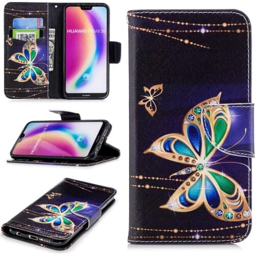New Flip Colored Drawing PU Leather Cases with Kickstand for Huawei P20 Lite Nova 3E Mobile Phone Cases with Wallet Card Holder