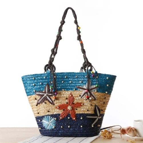 New Bohemian Style Embroidered Starfish Grass Braid Bag Beaded Woven Womens Shoulder Bags