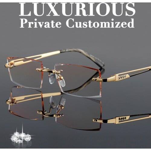 Luxury Gold Glasses Frames Men Rhinestone Eyeglass Titanium Frame High Clear Lens Ti Rimless Optical Complete Spectacles 645