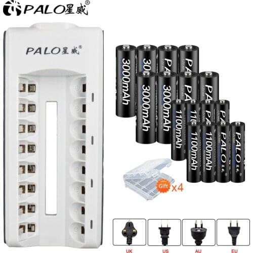 PALO smart battery charger for AA/AAA rechargeable battery+8pcs 1.2V AA 3000mAh+8pcs AAA 1100 mAh NiMH rechargeable batteries