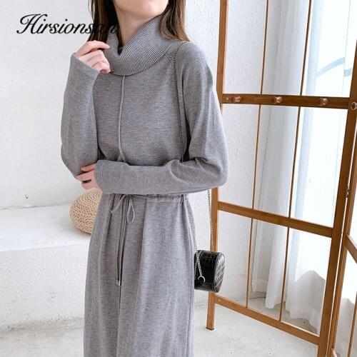 Hirsionsan Turtleneck Lapel Dress Women Knitwear Bottoming Elegant Winter Office Pullover Slim Straight Vintage Ladies Clothes