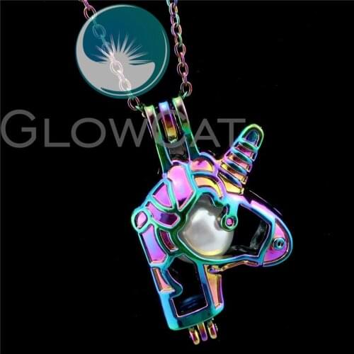 R-C686 Rainbow Colors Unicorn Beads Cage Pendant Perfume Diffuser Aromatherapy Pearl Cage Locket Necklace