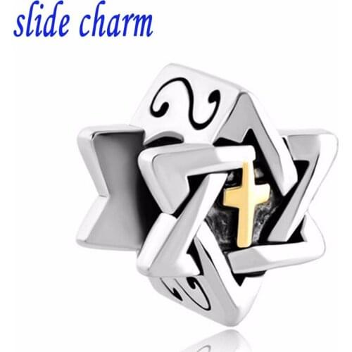 Slide charm Free shipping Hexagonal charm beads golden cross beads fit Pandora bracelet