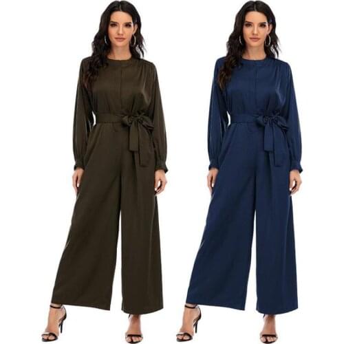 Middle East Dubai Islamic Fashion Jumpsuit Solid Color Waist Jumpsuit Temperament Wide Leg Pants Muslim Casual Womens Wear
