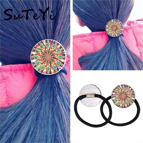 SUTEYI Buddhism OM Symbol Mandala Flower Zen Glass Photo Cabochon Wedding Hair Jewelry Vintage Extensible Black Hair Rope Band