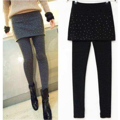 Warm Stretch Skinny Pants New Style Mini Faux Skirt False Two Pieces Leggings Hot Drilling Women Leggings