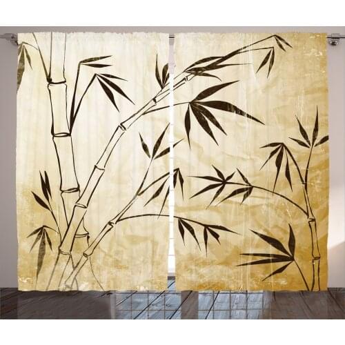 Vintage Bamboo Curtains Grunge Style Rustic Leaves Satin Fabric Drapes for Living Room Bedroom 2 Panel Window Set