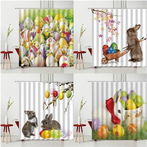 Waterproof Shower Curtain Easter Rabbit Colored Eggs Flower Bathtub Decor Bath Accessories Multi Size Cloth Curtains With Hooks