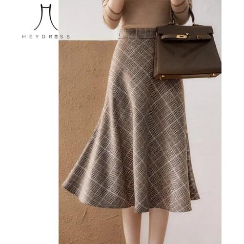 Heydress 2021 Women Winter Elegant Plaid High Waist Skirts Female A-line All-match Woolen Skirts Office Lady Autumn Long Skirts