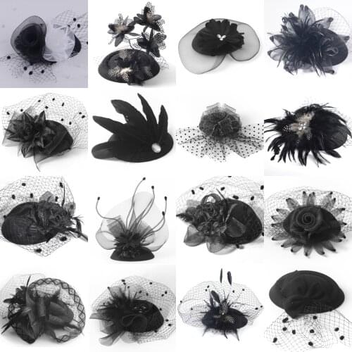 Handmade Wedding Bridal Black Fascinators Pillbox Hat Vintage Feather Bow Veil Flower Hair Clips Women Party Cocktail Hairpiece
