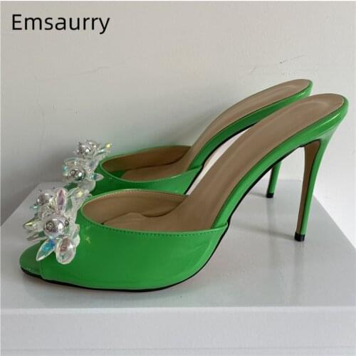 Beading Rhinestone Flower Sandals Women Stiletto Heel Sexy Slingbacks Peep Toe Air Mesh Butterfly-Knot Lady Mules