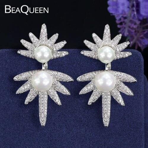 BeaQueen Fashion Flower Shape Cubic Zirconia Micro Paved Double Side Big White Pearl Stud Earring for Women Wedding Jewelry E117