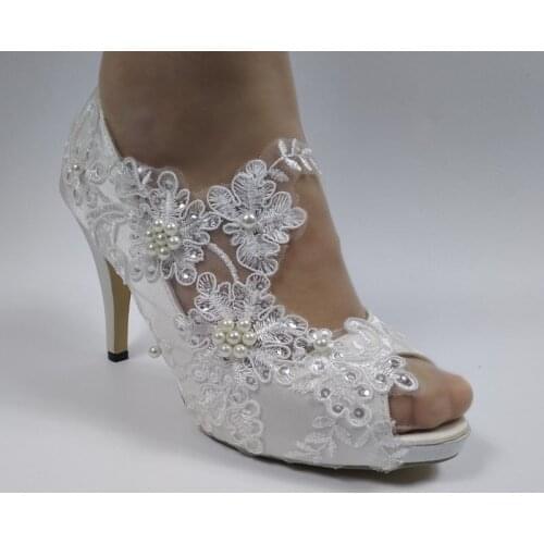 BaoYaFang White Lace Flower Women Party Dress shoes woman Open Toe fashion Bridal Wedding shoes female Fish Toe party shoes