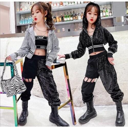 2021 Korea style girls 2 pcs set sequins coat+holes pants fashion autumn girls sports suit 4-9t B711