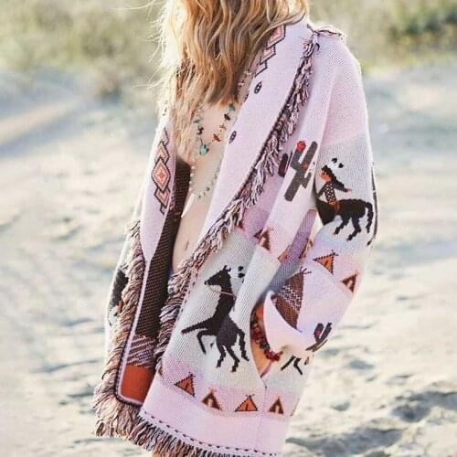 Flordevida Oversized Jacquard Cardigan fringe hem belt tied cardigan women new 2021 autumn winter warm boho cardigan coat