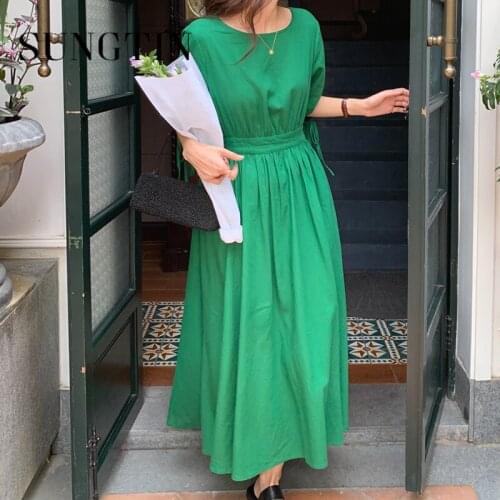 Sungtin Solid Backless Maxi Dresses Women Summer Lantern Sleeve A Line Lace Up Dress Korean Chic Casual O Neck Bandage Vestidos