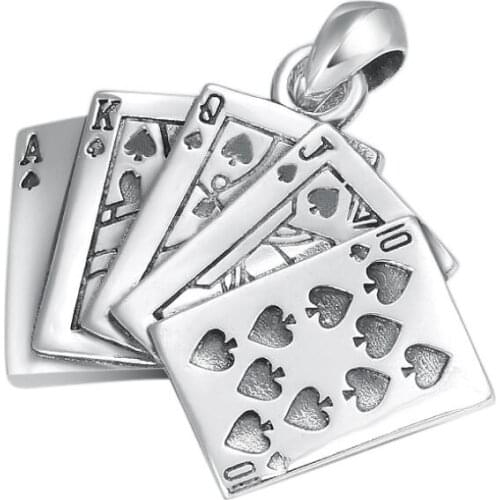 100% 925 Silver Poker Pendant Necklace Sterling Silver Playing-card Pendant Necklace Hiphop Rock Pendant Necklace