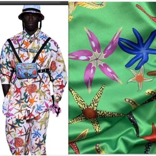 145cm*100cm designer printed fabric green starfish pattern digital printing stretch satin fabric sewing skirt pants shirt fabric