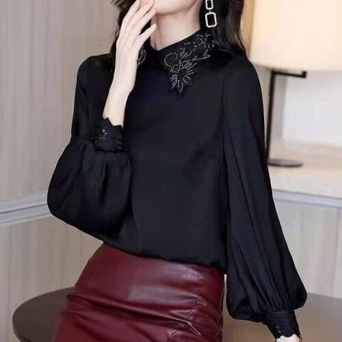 2021 Spring Fall Fashion Womens Clothes Embroidery Lantern Sleeve Black Chiffon Top Blouse , Woman 3xl Tops and Blouses