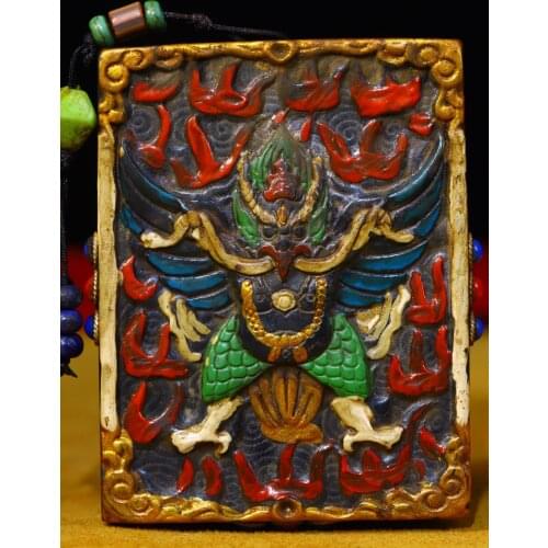 3"Tibet Buddhism Natural meteorite Tracing Filigree mosaic Gem Roc garuda statue Pendant amulet Exorcism Ward off evil spirits