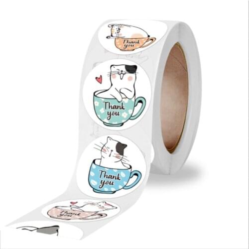 500Pcs/Roll 1inch Cute Cup Cat Seal Label Thank You Stickers Fit Christmas Gifts Decoration Handmade Gifts Stickers