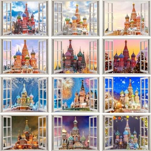 Huacan Diamond Art Painting Castle Window Home Decor Embroidery Church Mosaic Wall Decor Rhinestone Pictures