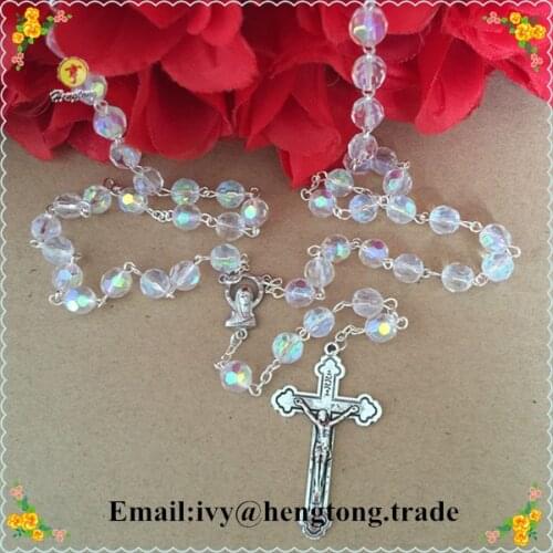 Freeshipping 8mm crystal beads religiour rosary necklace, crtstal jewelry catholic rosary chain with alloy cross and centerpiece