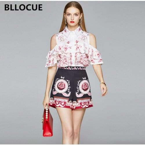 BLLOCUE 2020 Summer Women Two Piece Women Off Shoulder Ruffles Flower Print Shirt Top+High Waist Shorts Female Two Piece Set