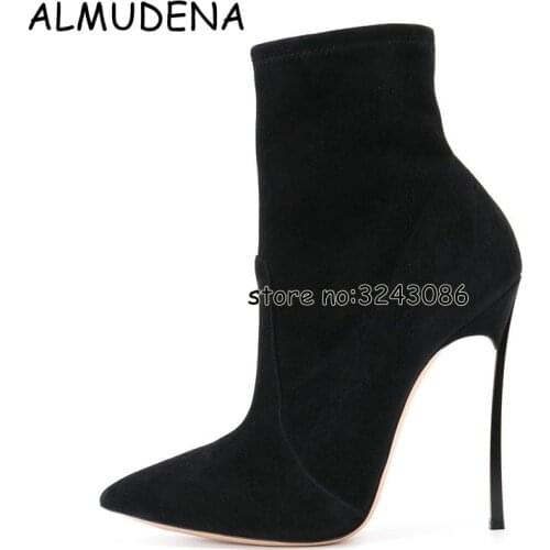 Black Suede Thin High Heels Short Boots Sexy Pointed Toe Woman Ankle Booties Blade Metal Heels Fashion Boots Shoes Top Quality