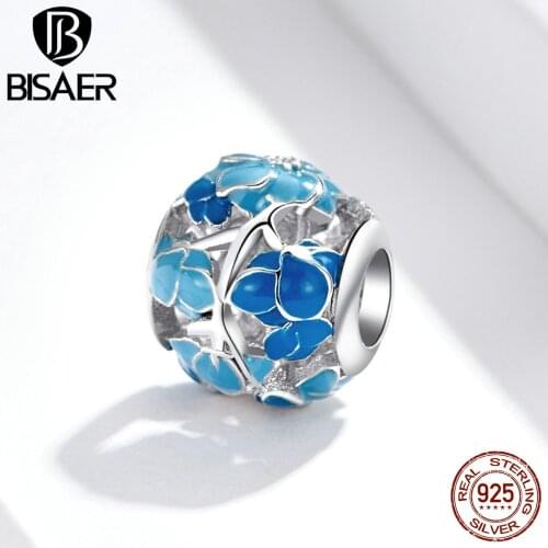 BISAER Flower Beads 925 Sterling Silver Blue Enamel Orchid Flowers Charms fit for Original Charm Bracelet DIY Jewelry EFC087