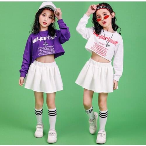 Children Hip Hop Clothing Girls Cropped Long Sleeve Tops Skirt Jazz Dance Cheerleader Costume Kid Dancing Clothes Stage Wear